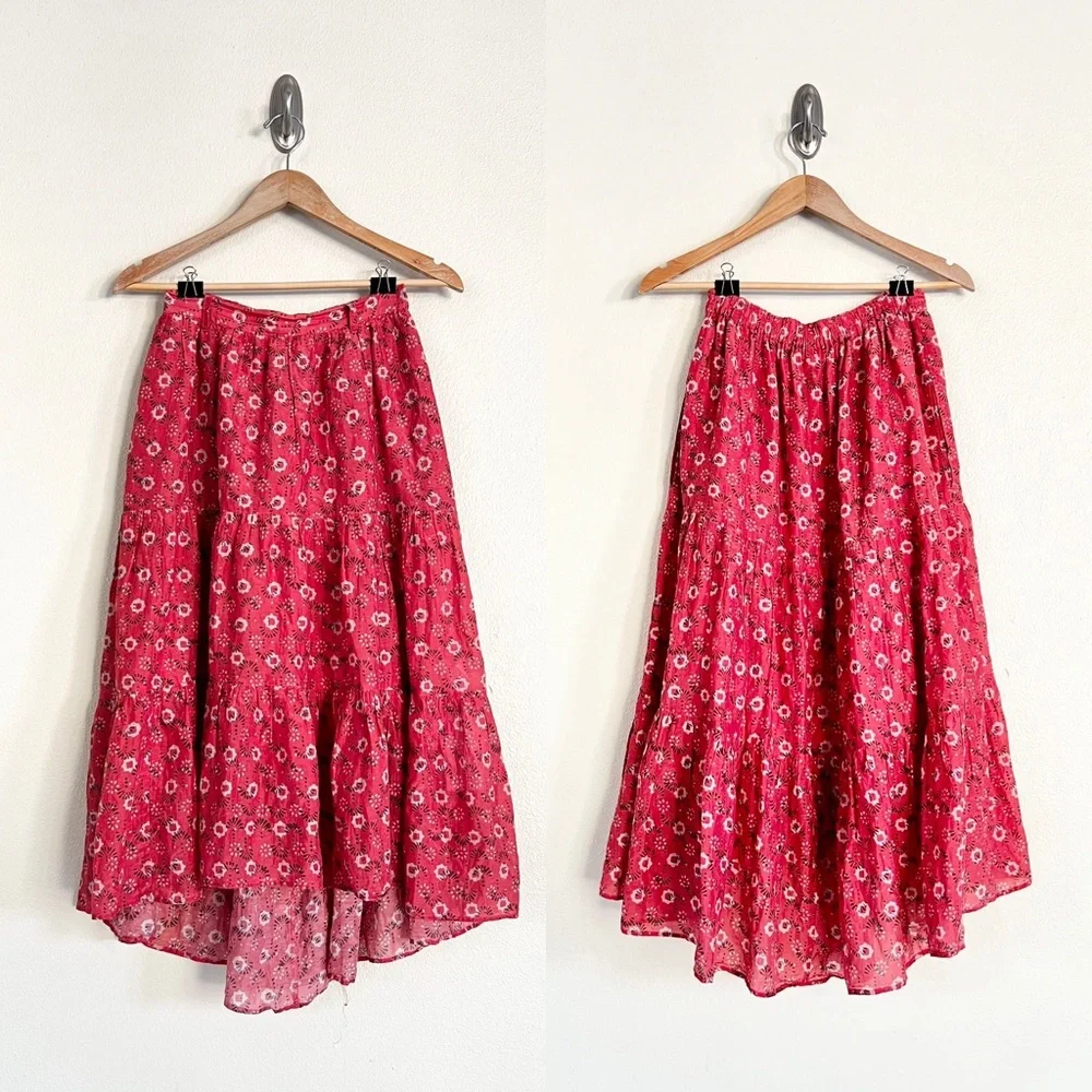 XIRENA Iris Tiered Ruffle Midi Skirt in Coral Blush Red